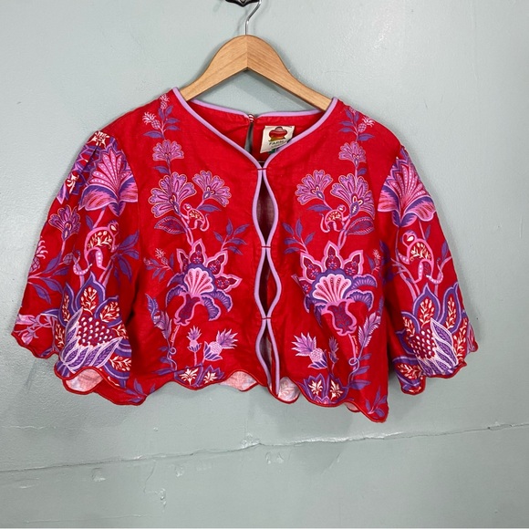 Farm Rio Porcelain Garden Linen Blouse Red Floral XL - Picture 2 of 5